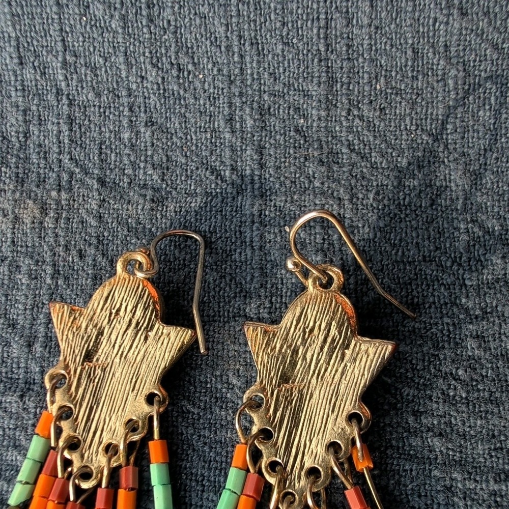 Southwestern Style BEADED Chandelier EARRINGS W/ Gold Tone Base & Faux Turquoise - Picture 5 of 7